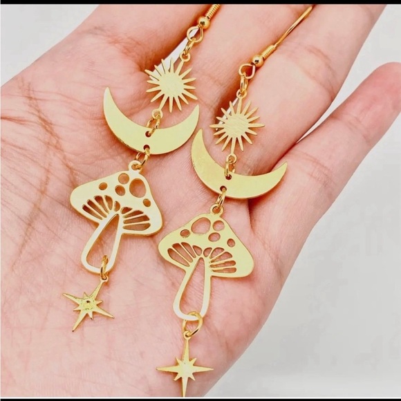 Gold Mushroom Dangle Earrings - Picture 2 of 3